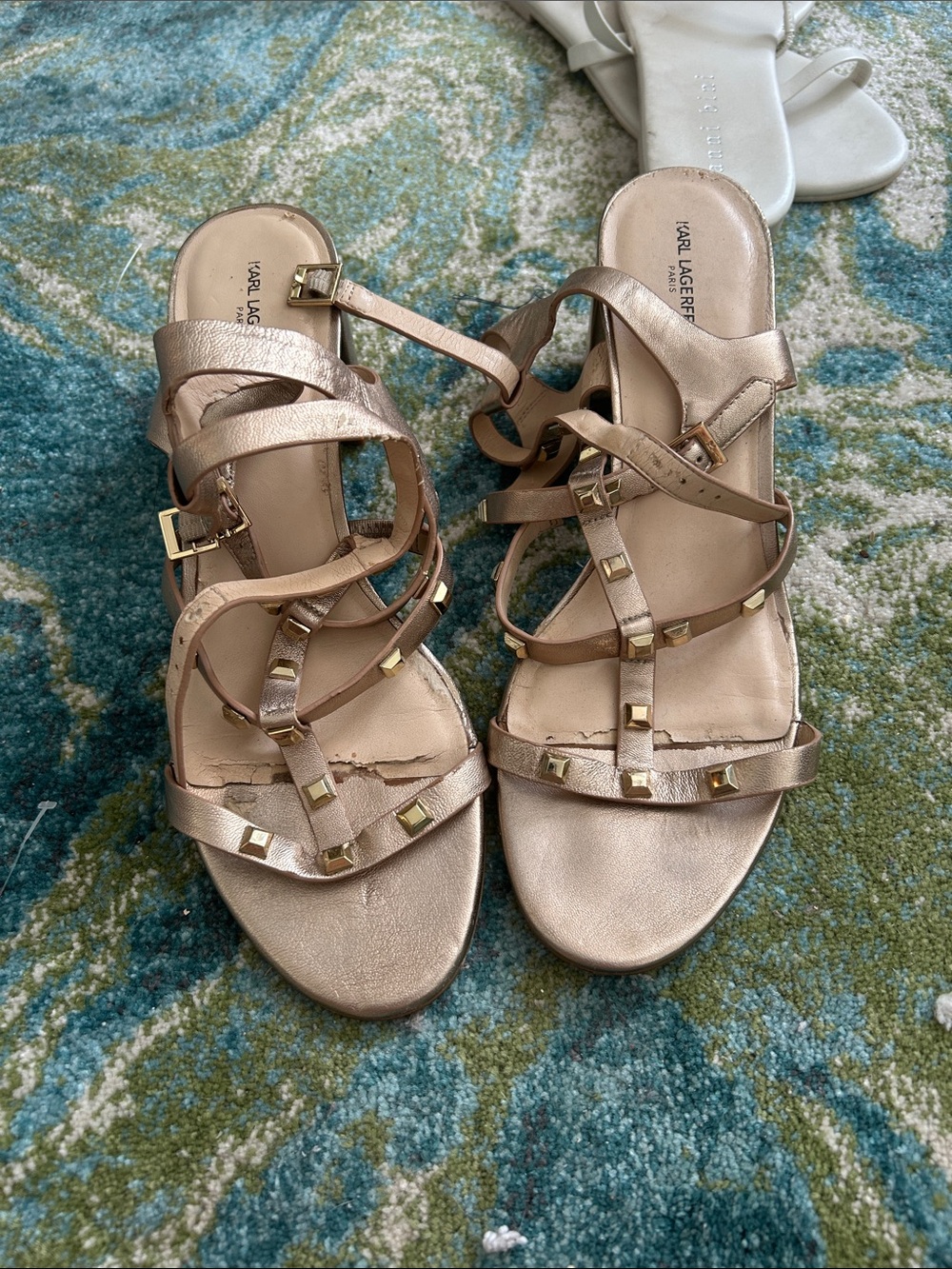 Karl Lagerfeld Metallic Rose Gold Multi-Strap Stud Sandals